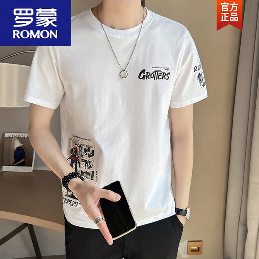 罗蒙（ROMON）夏季印花T恤男生修身2025新款百搭潮潮流体恤棉质帅气半袖上衣 白色 M