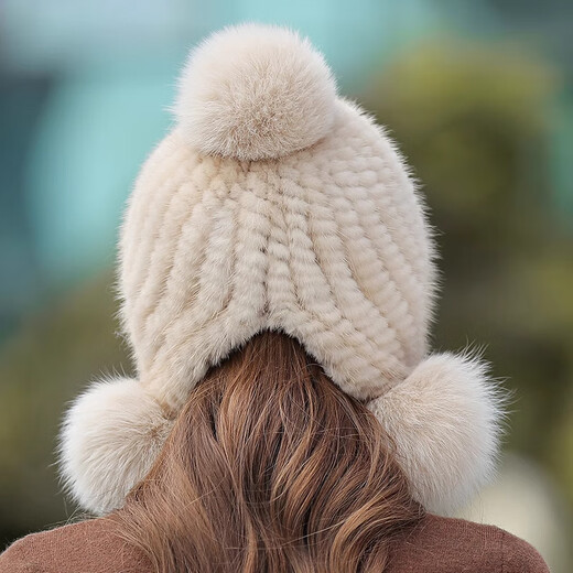 Yinghui Fur Hat Women's Winter Casual Mink Hat Korean Style New Warm Fox Fur Ball Mink Fur Ear Protection Hat Light Khaki One Size Elastic