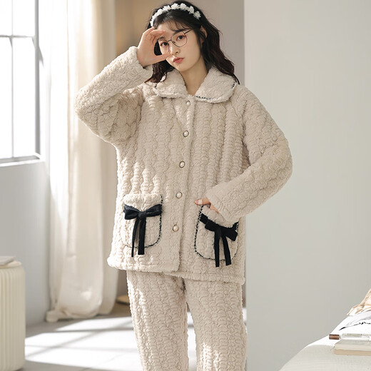 Mandelefin Winter-Pyjama dreischichtige Baumwollladien Korallenmerze verdickte Plüsch-Set-Hauskleidung Herbst und Winter 2023 Neues Modell 12127 Frauen XL (120-140jin [Jin entspricht 0,5 kg]))