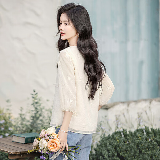 Silk Cypress V-Neck Shirt 2025 Spring French French's French Cropped Slim Pullover Broidered Shirt