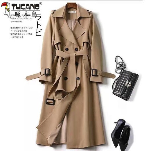 Woodpecker windbreaker women's mid-length 2025 spring and autumn new Korean style large size small popular British style coat over the knee coat khaki plaid lining L recommended 115-130 Jin Jin equals 0.5 kg