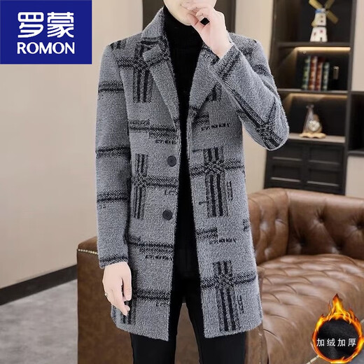 ROMON new winter woolen coat men's mid-length plus velvet warm windbreaker casual men's woolen coat light gray 3XL