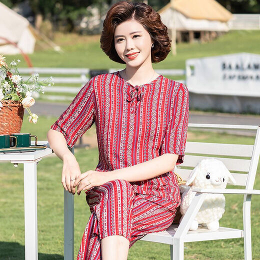 安梦影棉绸中老年女装中袖棉绸套装大码中老年夏季衣服女时尚妈妈装两件 橄榄绿 9226 均码 l 85-105斤