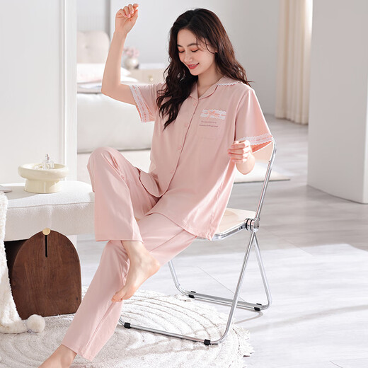 LangSha pajamas for women in spring and summer pure cotton thin style with chest pad short-sleeved home clothes for women sweet and anti-convex dot set 693 soft powder (with chest pad) M[155-160cm/90-110Jin[Jin equals 0.5 kg]]