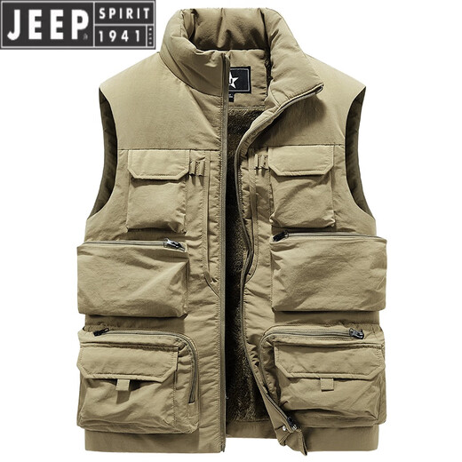 JEEP SPIRIT velvet thickened outdoor sports vest men's multi-pocket work vest fishing photography vest sleeveless jacket trendy 8877 khaki-plush style M suitable for weight 100-120Jin Jin is equal to about 0.5 kg