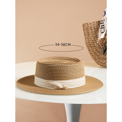 Meman flat top straw hat women's French straw woven top hat 2025 new summer large brim sun hat seaside vacation sun hat 2# concave top white-upgrade soft top [hat brim 8CM]