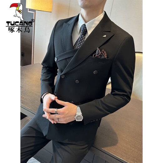 Woodpecker (TUCANO) brown double-breasted suit men's suit British slim men's large size suit three-piece wedding groom's dress trendy dark green (single suit) 50/L (112-125Jin Jin equals 0.5 kg)