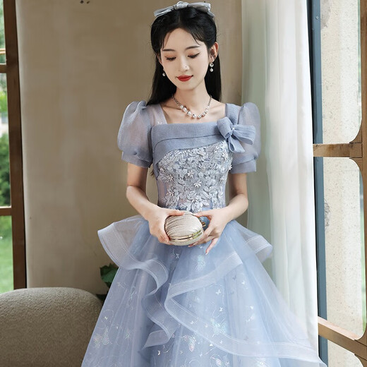 Vestido de noche azul de Libaixin 2025 NUEVO Estilo Banquete High-High Grain Student Art Exam Nicho Huff Skirt for Women Blue Long L Sugerir 100-110Jin [Jin equivale a 0.5 kg]