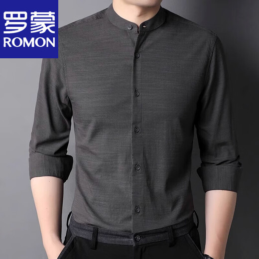 罗蒙（ROMON）小立领棉衬衫男2025年春秋长袖衬衣休闲内搭中华领薄款 9930款浅灰 180/XL