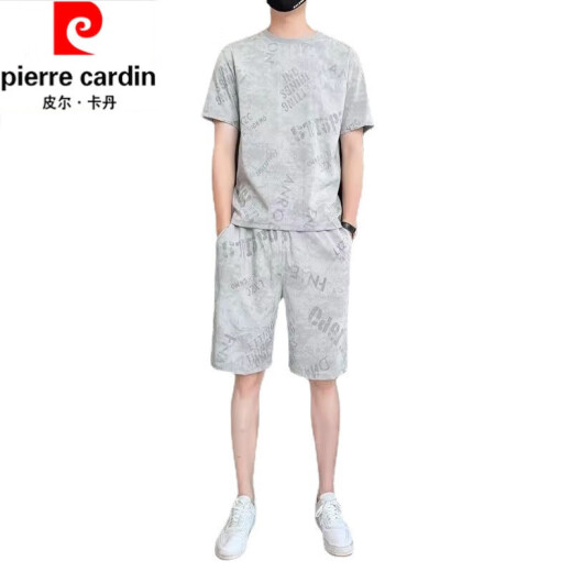 皮尔卡丹（pierre cardin）纯棉2023新款冰丝短袖T恤套装男士休闲运动两件套男装宽松夏季潮 671灰色套装 XL 130斤-145斤
