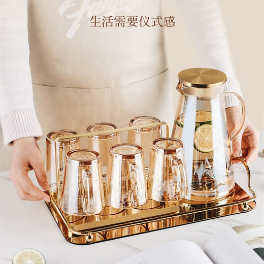 MIDOC light luxury glass water cup set, home living room design water set, family drinking cup, tea cup set for entertaining guests, six amber handle cups + gold stand + amber pot + gold mirror plate