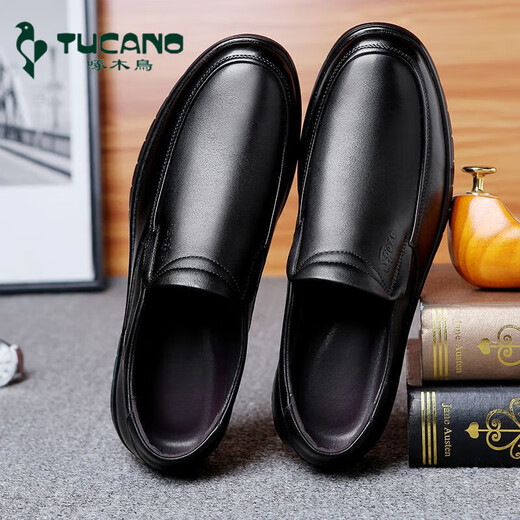 Woodpecker [Top Layer Cowhide] Chaussures en cuir décontractées pour hommes Business en cuir authentique Maux de papa d'âge moyen et âgés pour chaussures de travail Soft Sole sans glissement L6628 Black 39