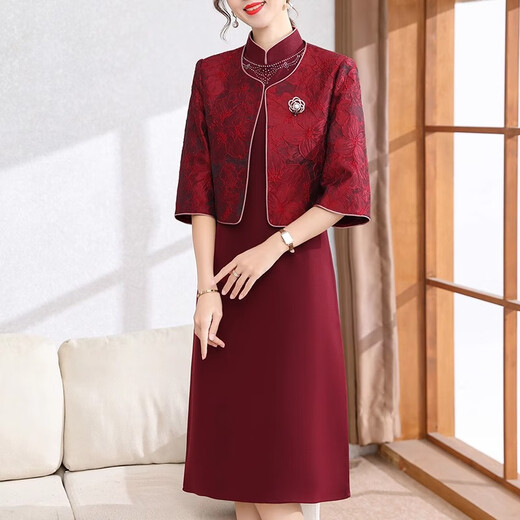 俞兆林（YUZHAOLIN）妈妈秋装婚宴高贵礼服春秋装时尚套装旗袍连衣裙喜婆婆婚宴两件套 A1SNq684 红色 （真两件） 2XL  【建议100-115斤】