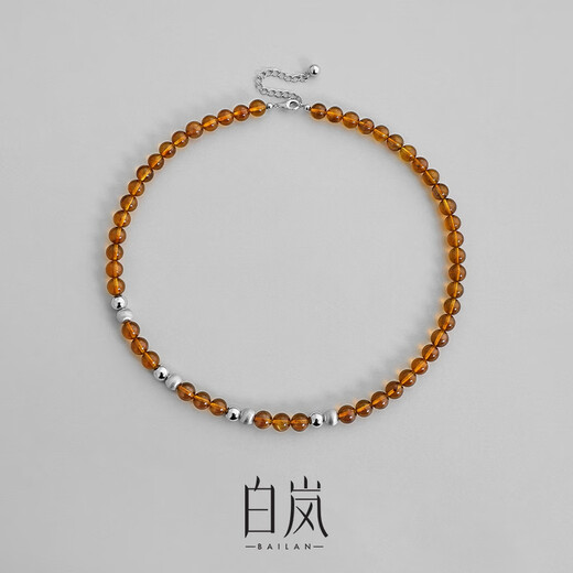 Bai Lan Amber Bead Necklace Women's 925 Silver Clavicle Chain Niche Design Temperament and Sensational Year Birthday Gift for Wife Amber & 925 Silver