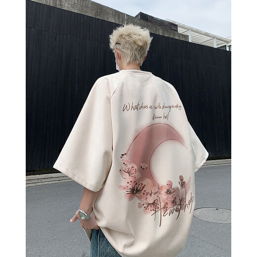 
PTAT American Suede Hard Short Sleeve Men's Heavy T-shirt Large Size Moon Large Print Small Neck Half Sleeve T-shirt Clothes Men H9904 Pink XL (Suggested 125-140Jin [Jin equals 0.5 kg])