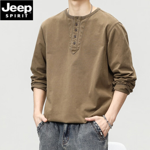JEEP SPIRIT American retro round neck long-sleeved T-shirt men's spring and autumn heavyweight cotton sweatshirt loose trendy brand Henry collar bottoming shirt Mocha brown 2XL suitable for 160-180Jin Jin equals 0.5 kg