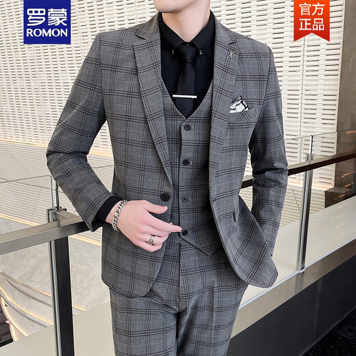ROMON Men's Suit Korean Style Plaid Groom Wedding Dress Casual Business Formal Fit Suit Three-piece Spring Gray Suit + Vest + Pants Tie XL