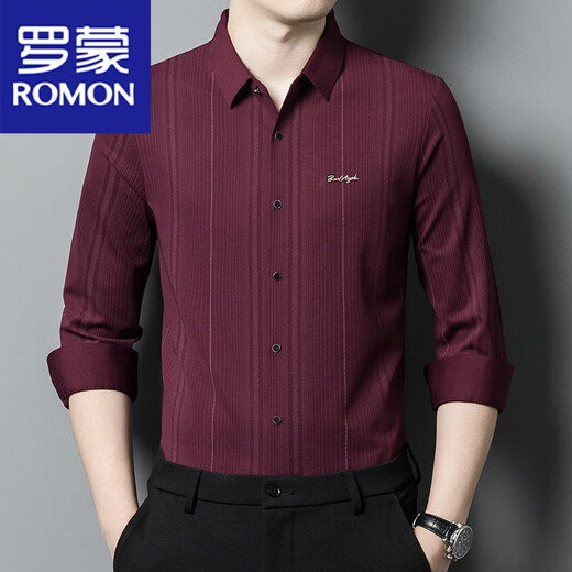 罗蒙（ROMON）酒红色衬衫男长袖婚宴装喜公公条纹结婚礼服爸爸免烫正装衬衣 318红色 180/2XL