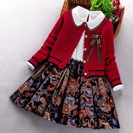Little Bear Elf (xiaoxiongjingling) Girls Fashion Sweater Dress Autumn and Winter Children's Fashionable Princess Dress Medium and Big Children Suit Skirt Little Girls Knitted Burgundy No Velvet (Sweater Cardigan Dress Corsage) Size 150 (Recommended Height 140-150 cm)