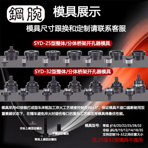 Steel wrist portable hydraulic hole opener manual wire trough long throat deep bridge punching mechanical and electrical box punch-free bridge puncher upgrade SYD25 type overall with 20+25+32 or optional 3 pairs of molds Note