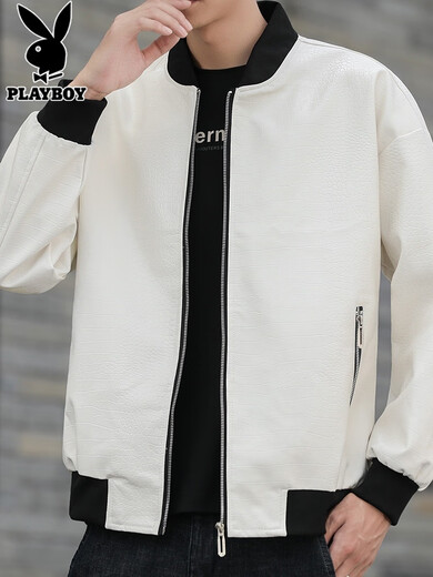 Playboy (PLAYBOY) motorcycle leather jacket men's 2025 spring trendy brand handsome baseball uniform casual jacket men's YH22 black XL