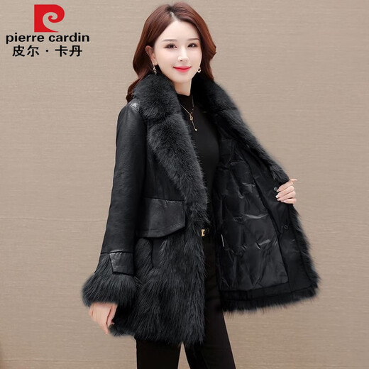 Pierre Cardin leather and wool one-piece parka jacket for women 2024 new autumn and winter fashion age-reducing loose thickened down coat brown coat thickened L