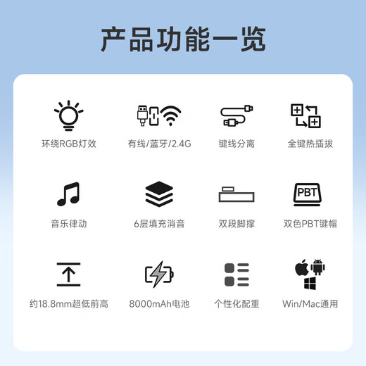 MCHOSE K99 V2 customized mechanical keyboard wireless Bluetooth wired three-mode structure full-key hot-swappable e-sports game office notebook iPad universal K99 V2 clear sky blue-glazed ice cream axis