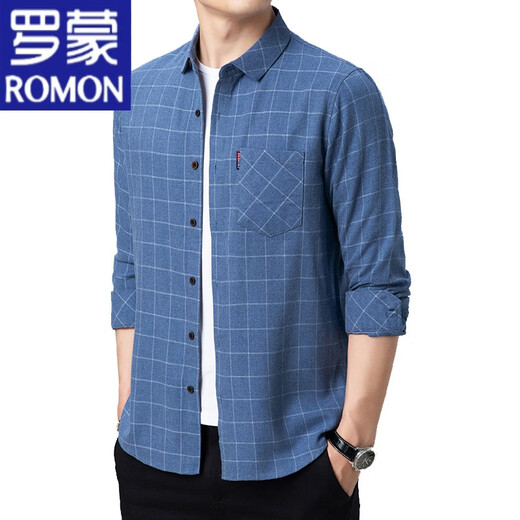 Romon Pure Cotton Long Ärmeln für Männer im Frühling und im Sommer dünne mittlere und ältere Männer kariertes loses große Baumwollhemd für Männer, langärmelige dünne 6626 Blau 170/l empfohlen 115-135jin [Jin gleich 0,5 kg]