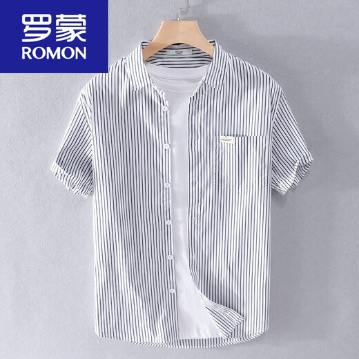 罗蒙（ROMON）男士条纹短袖衬衫日系宽松薄款上衣夏季休闲衣服潮流百搭衬衣 9738款 浅蓝条纹 L 110斤左右