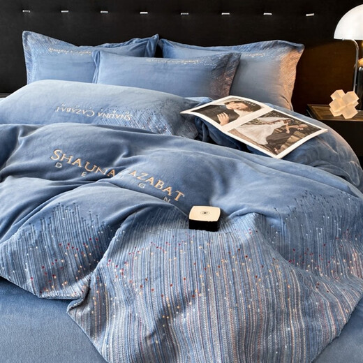 Mercury series autumn and winter light luxury milk velvet four-piece baby velvet thickened warm quilt cover embroidered bedding baby bed sheet supplies SR Meteor-Bentley Blue 1.8m bed sheet style four-piece quilt cover 200*230