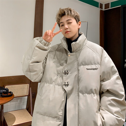 OEMG American retro metal airplane button cotton coat for men and women in winter thickened warm loose bread coat cotton coat gray XL recommended 125-140Jin Jin equals 0.5 kg