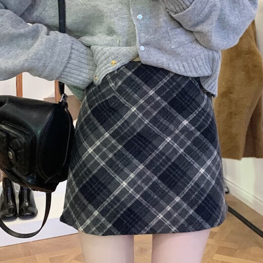 JIOESC Plaid Skirt Slightly Fat MM Short Skirt Autumn and Winter Retro Versatile Women's High Waist A-Line Plaid Hip Skirt Pear Shape Body Blue Gray Plaid Skirt M Recommended weight is about 95-110 Jin Jin is equal to 0.5 kg