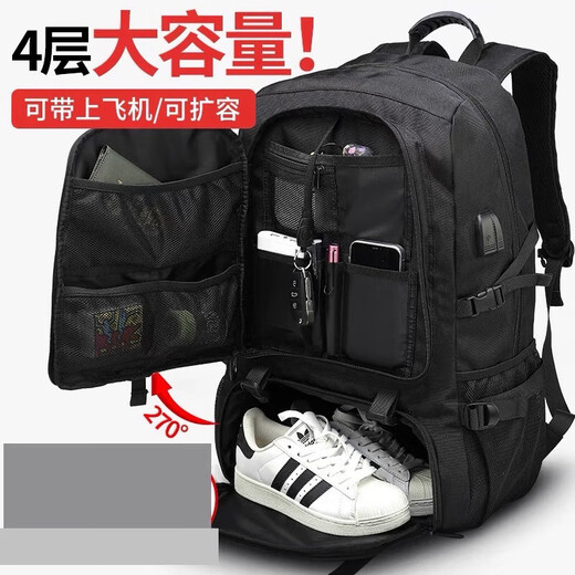 回力双肩包男士超大容量登山旅行包运动出差行李电脑背包学生旅游书包 小号黑色70L【独立鞋仓可扩容35%】