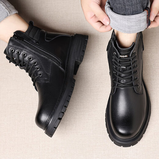 Zuomu Lion Head Layer Cowhide Army 3519 Martin Boots Men's Winter Plus Fleece Military Hook High-top Cotton Leather Boots Wool Warm Snow Boots Black [Top Cowhide Sheep Fur Integrated] 42