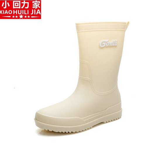 小回力家雨鞋女款日系时尚冬季加一体绒中筒雨靴外穿成人套鞋胶鞋工作水鞋 540中筒米白【不加棉】 标准码 38