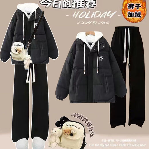 Fhhuabd Winter Frauenkleidung volle Set kleiner süßer Plüsch-verdickter Beutel für weibliche Studenten koreanische louse Brotplüschschwarze Hose 1396# S Empfohlen 80-95jin [Jin gleich 0,5 kg]