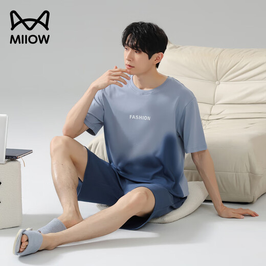 Cat man pajamas 100% pure cotton shorts shorts for men summer men's pajamas new cotton large-size four-season home clothing set [100% pure cotton skin-friendly and breathable] style one 2XL [recommended 140-160Jin [Jin equals 0.5 kg]]
