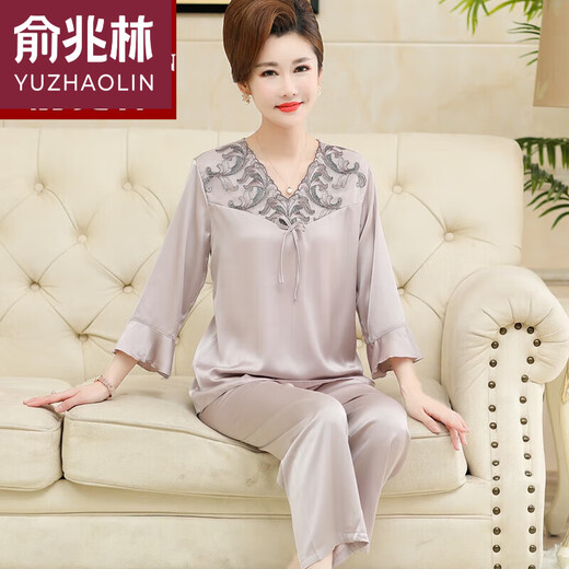 
Yu Zhaolin brand autumn high-end ice silk pajamas middle-aged women's silky and traceless cropped sleeves trousers middle-aged and elderly mothers' home furnishings - FX683 light pink cropped pants L size recommendation 100--120Jin [Jin equals 0.5 kg]