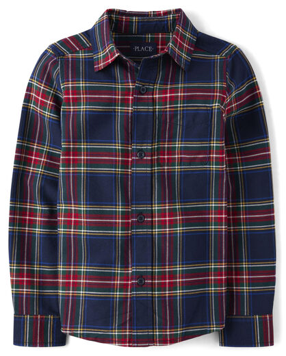 The Children's place boys' long-sleeved shirt, pure cotton, casual and versatile, two-pocket design Tidal Plaid Small