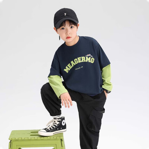 Zuoxi Boys T-shirt Long Sleeve Fake Two-piece Spring and Autumn Top 2025 New Children's Cotton Sweatshirt Navy 160