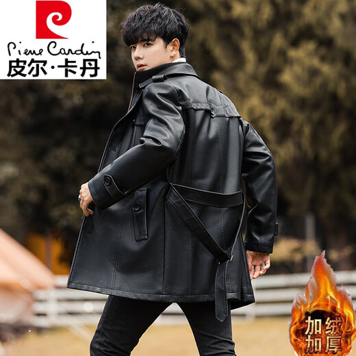 
Pier Cardin autumn and winter men's fashion handsome mid-length PU warm jacket for youth trendy urban simple plush thickened leather jacket black-16867-medium-length M