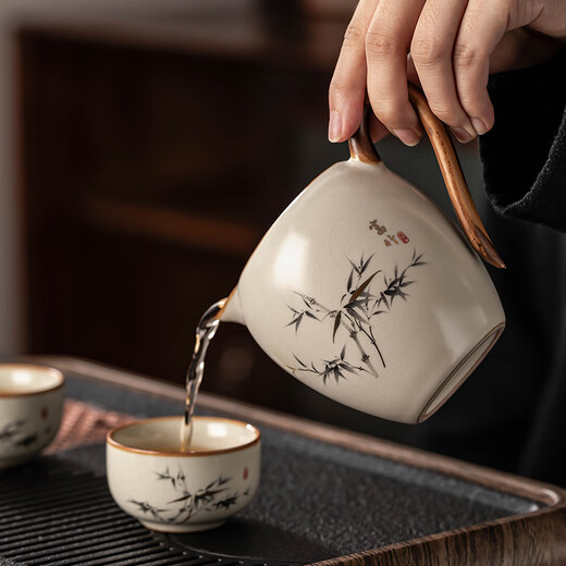 Porcelain brand tea set, Ru kiln tea set, household high-end ceramic split teapot, covered bowl, teacup, complete set of Kung Fu tea set, rich bamboo handle teapot, covered bowl, 8 cups, 13 pieces + Tao jar for washing dishes