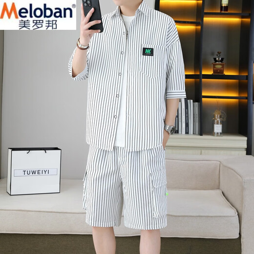 美罗邦 MELOBAN夏季冰丝套装男条纹宽松潮牌七分袖衬衫五分短裤高端痞帅搭配一套 902白 XL 参考125-140斤左右