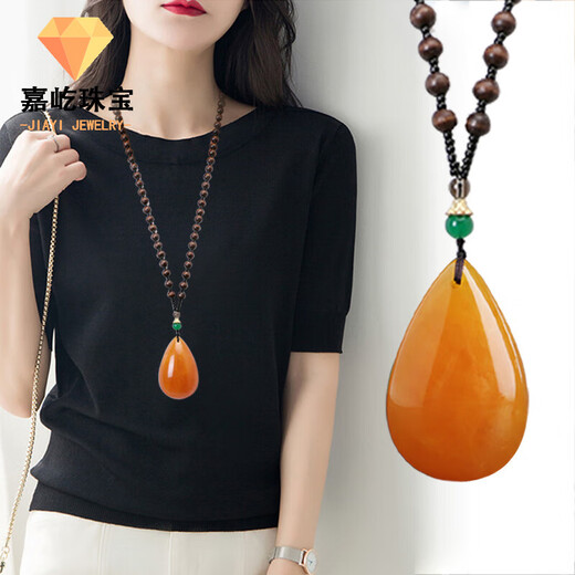 Maibaofang honey wax pendant imitation retro old necklace safe buckle gourd long sweater chain ethnic style men and women accessories hanging water drop wood bead chain