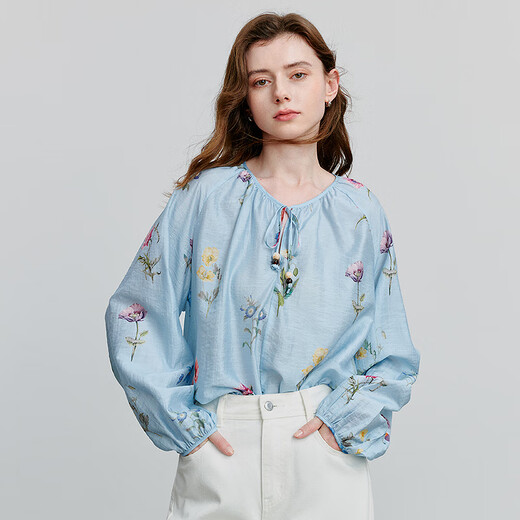 Chuyu Small Fresh Linen Printed Shirt Women's 2025 Spring New Loose Shirt Top Blue Bottom Green Velvet XL