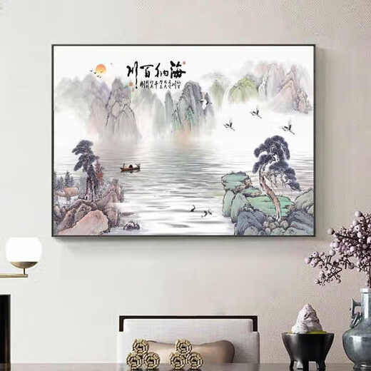 Sensual paintings New Chinese style landscape paintings Restaurant dining room decoration painting Atmospheric bedroom bedside hanging paintings Living room tea room background wall mural JD15673 120*80CM crystal porcelain aluminum alloy black frame