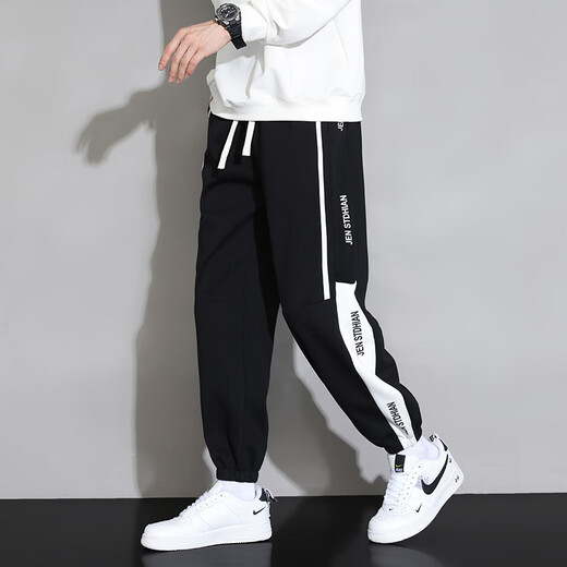 Foss Phil black casual pants for men thin summer loose trendy large size versatile sports long-fitting pants for men YKYP-A05 black and white XL [Recommended 120-139Jin [Jin equals 0.5 kg]]