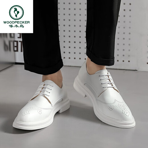 Woodpecker white leather shoes men's Brock Studio wedding photography wedding shoes party team performance shoes 48 large size shoes 679 white 40
