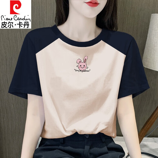 Pierre cardin retro raglan women's short-sleeved T-shirt 2025 summer new pure cotton t-shirt design niche top fashionable and slim 1476 flower gray/rotto blue raglan short-sleeved (black XL
