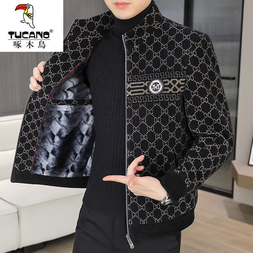 Woodpecker Stand Collar Jacket Men's Velvet Thickened Warm Korean Slim Fit Short Woolen Coat Jacket 8005 Khaki Velvet 2XL 140-160Jin Jin equals 0.5 kg